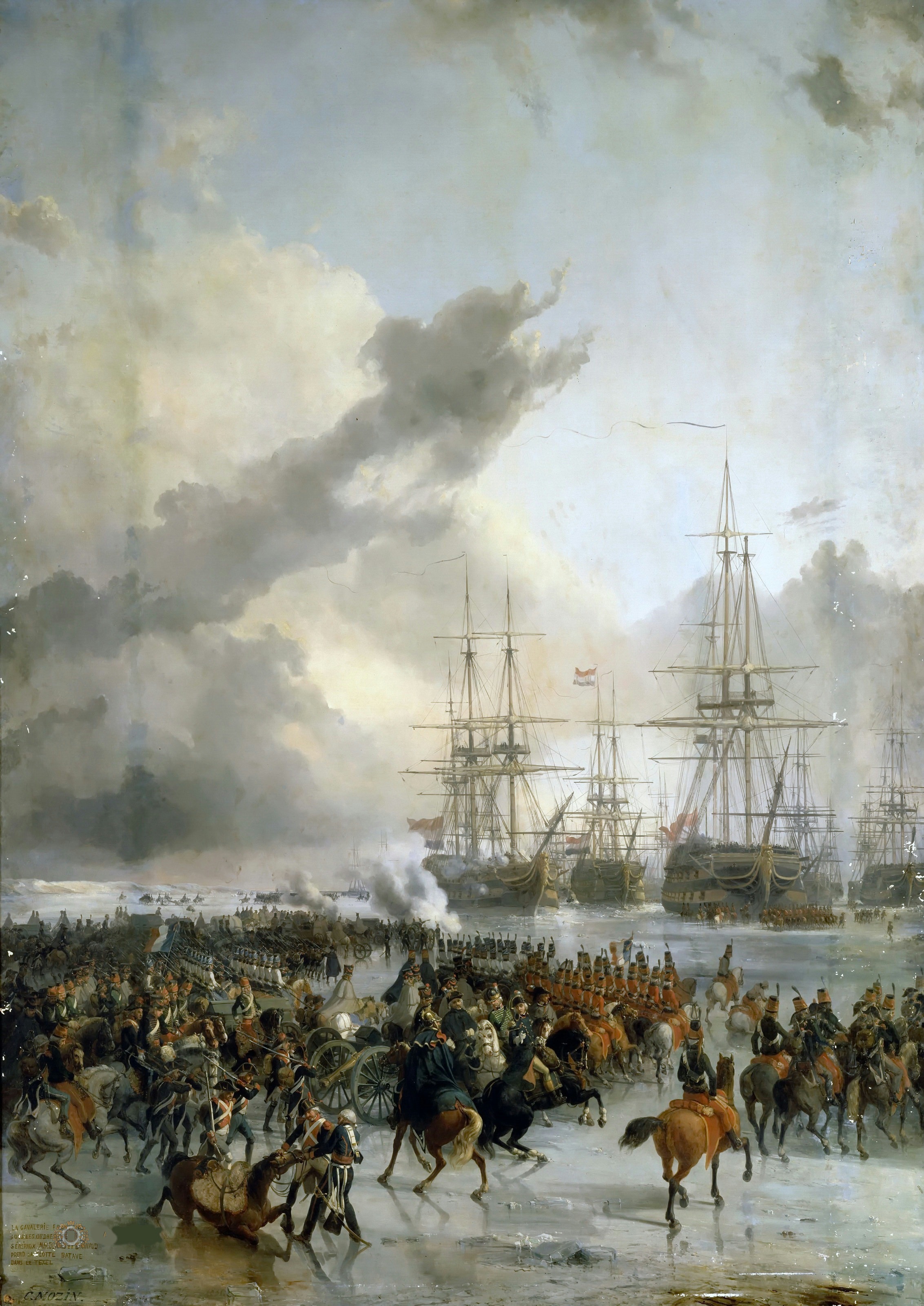 Painting by Charles Louis Mozin showing French hussars capturing Dutch ships frozen in ice at Den Helder, 1795
